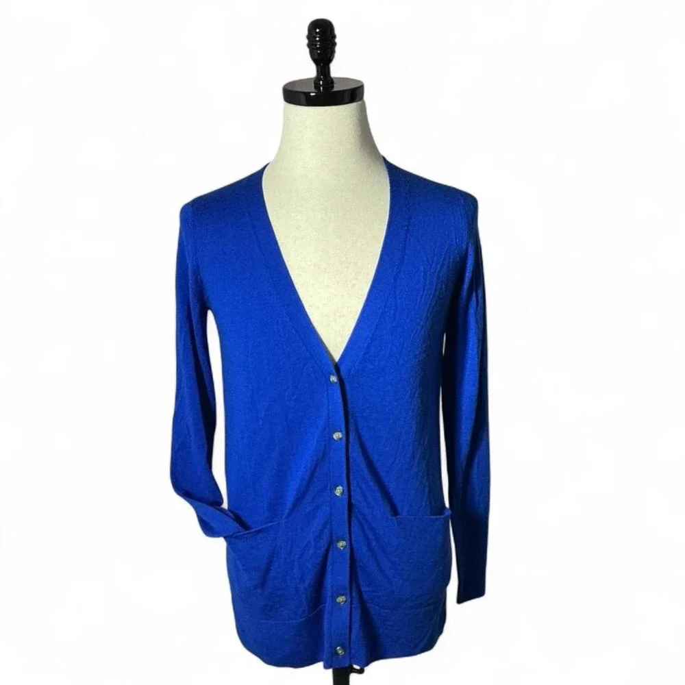 Banana Republic Merino Wool Cardigan Sweater Blue V Neck Button Up Pockets